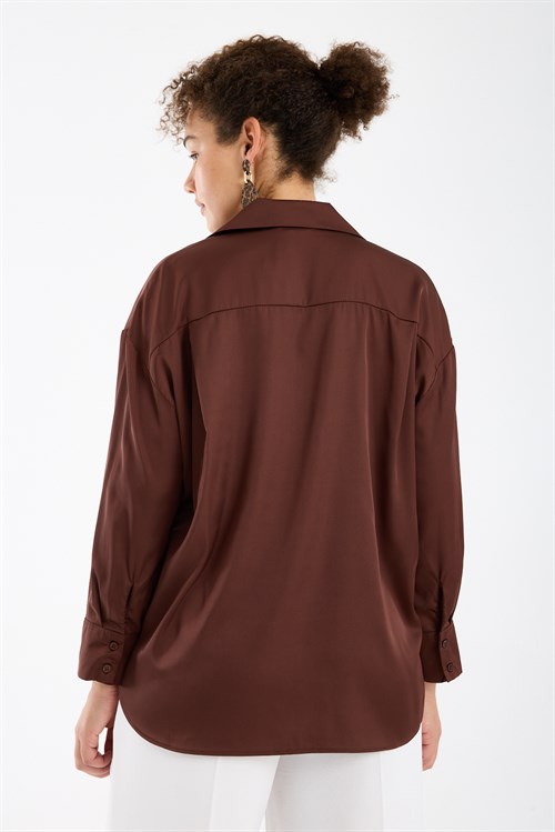 Wholesale Womens Brown Satin Long-Sleeve Shirt