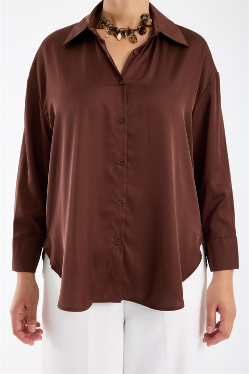 Wholesale Womens Brown Satin Long-Sleeve Shirt