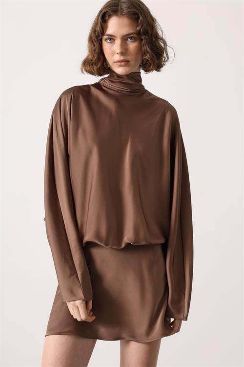 Wholesale Womens Brown Satin Mini Dress with Tie-Neck