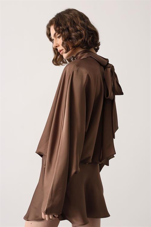 Wholesale Womens Brown Satin Mini Dress with Tie-Neck