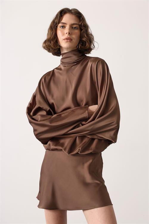 Wholesale Womens Brown Satin Mini Dress with Tie-Neck