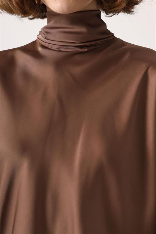 Wholesale Womens Brown Satin Mini Dress with Tie-Neck