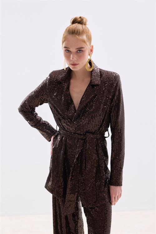Wholesale Womens Brown Sequined Jacket with Sash