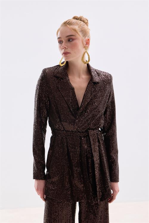 Wholesale Womens Brown Sequined Jacket with Sash