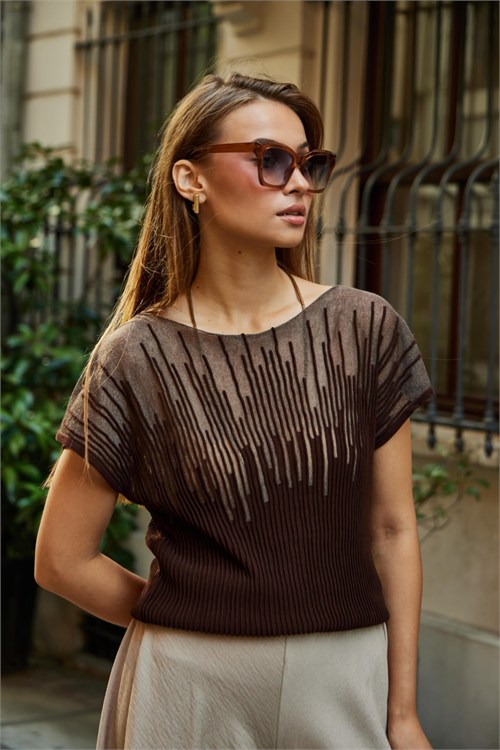 Wholesale Womens Brown Sheer Mercerized Fine Knit Blouse with Boat Neck and Short Sleeves