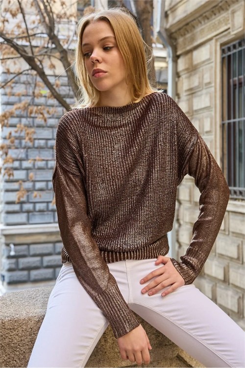 Wholesale Womens Brown Shimmering Foil Knit Sweater with Wide Cuffs