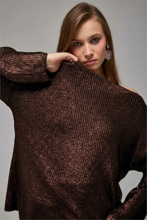 Wholesale Womens Brown Shimmering Ribbed Knit Sweater