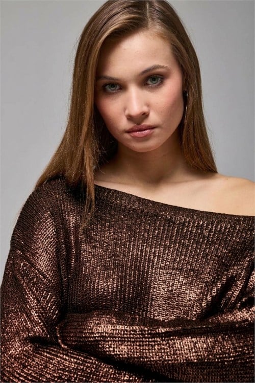 Wholesale Womens Brown Shimmering Ribbed Knit Sweater