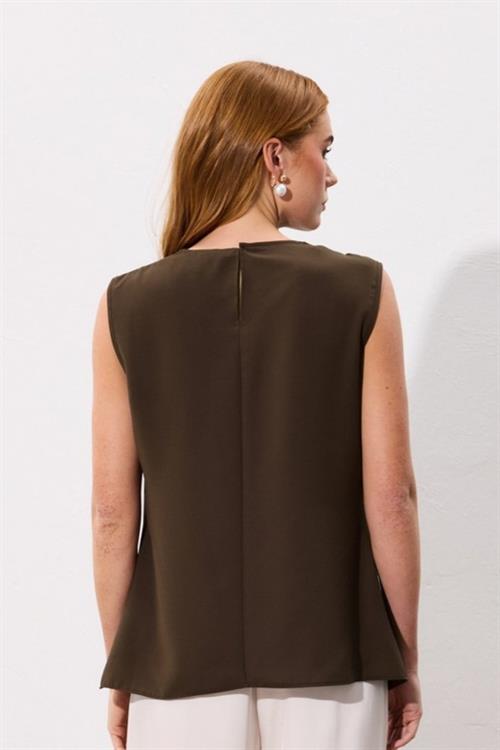 Wholesale Womens Brown Sleeveless Blouse with Pearl Embellishment