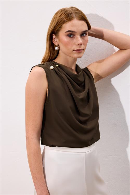 Wholesale Womens Brown Sleeveless Blouse with Pearl Embellishment