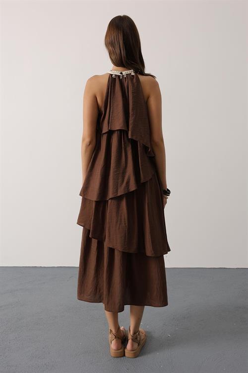 Wholesale Womens Brown Sleeveless Layered Dress with Collar Detail