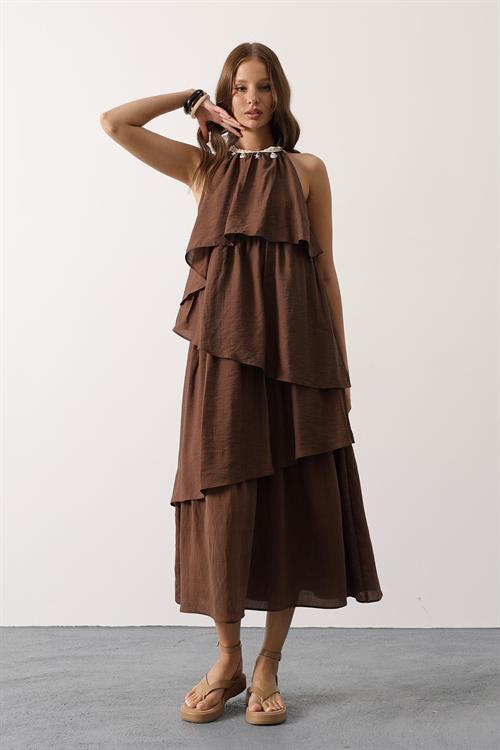 Wholesale Womens Brown Sleeveless Layered Dress with Collar Detail
