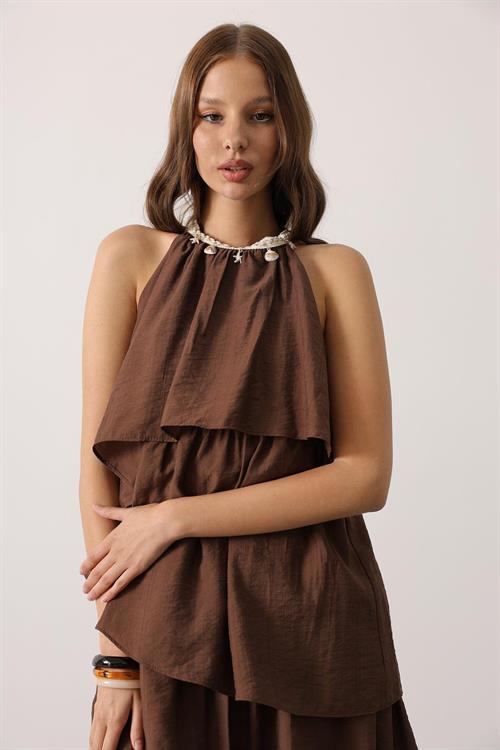 Wholesale Womens Brown Sleeveless Layered Dress with Collar Detail