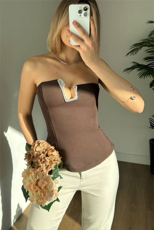 Wholesale Womens Brown Sleeveless Top with Rhinestone Buckle