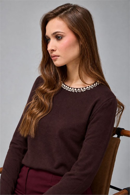 Wholesale Womens Brown Soft-Textured Knit Sweater with Pearl-Embellished Collar