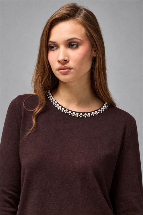 Wholesale Womens Brown Soft-Textured Knit Sweater with Pearl-Embellished Collar
