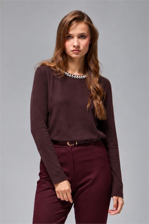 Wholesale Womens Brown Soft-Textured Knit Sweater with Pearl-Embellished Collar