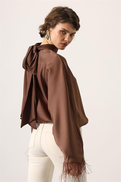 Wholesale Womens Brown Tie-Neck Blouse with Feather Fringe