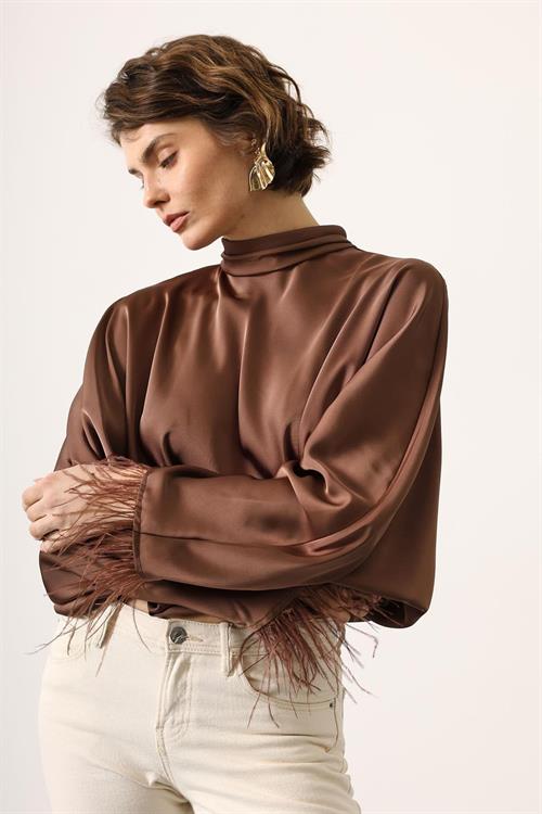 Wholesale Womens Brown Tie-Neck Blouse with Feather Fringe