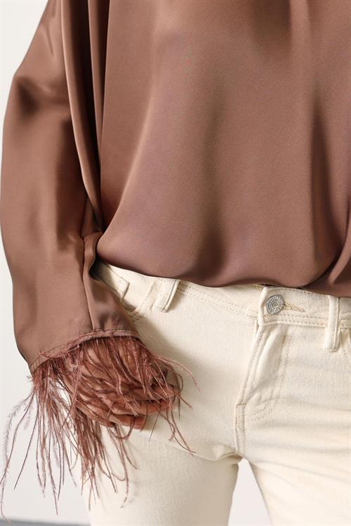 Wholesale Womens Brown Tie-Neck Blouse with Feather Fringe