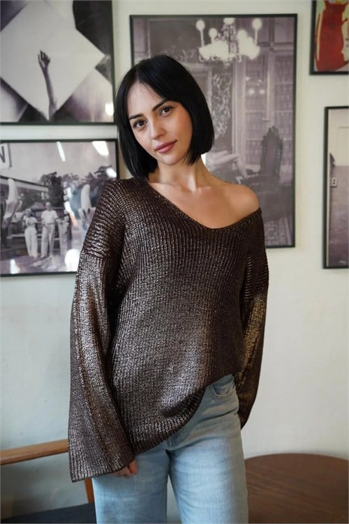 Wholesale Womens Brown V-Neck Shimmering Foil Knit Sweater