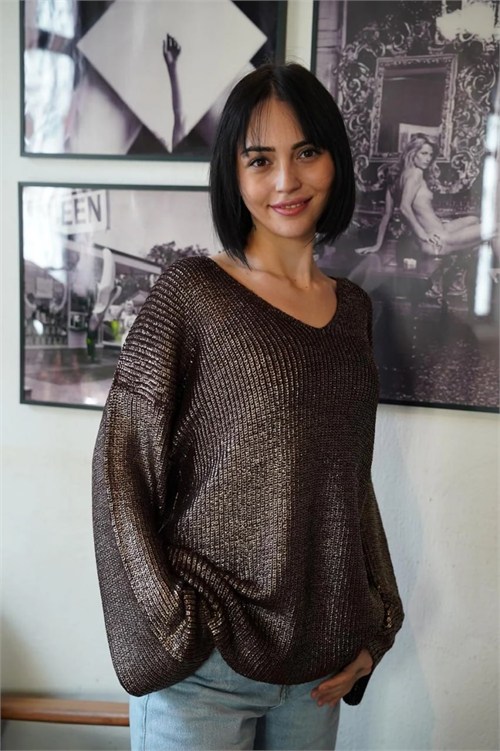 Wholesale Womens Brown V-Neck Shimmering Foil Knit Sweater