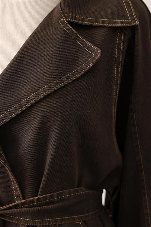 Wholesale Womens Brown Washed Effect Denim Jacket with Belt