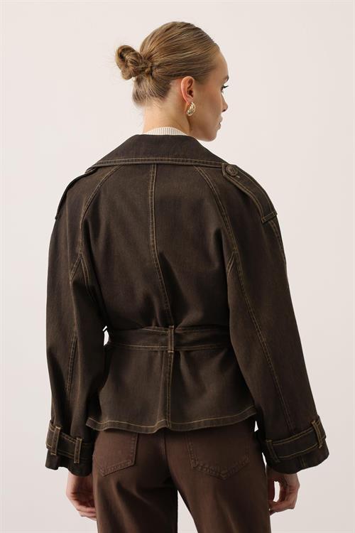 Wholesale Womens Brown Washed Effect Denim Jacket with Belt