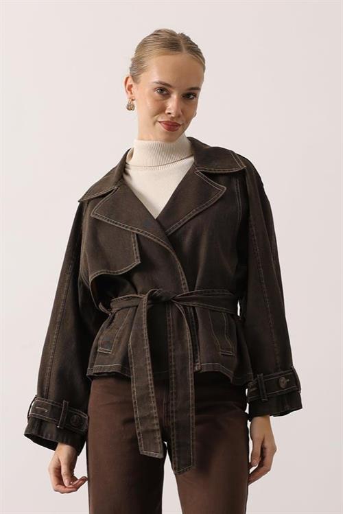 Wholesale Womens Brown Washed Effect Denim Jacket with Belt