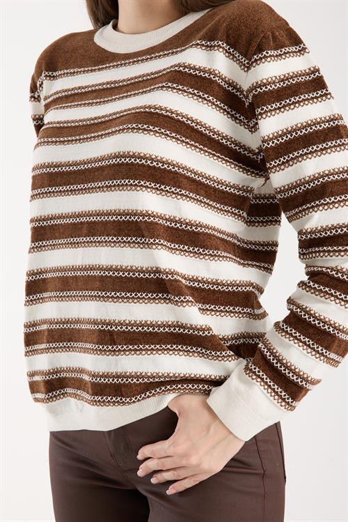 Wholesale Womens Brown-White Chenille Velvet Striped Crew-Neck Knit Blouse