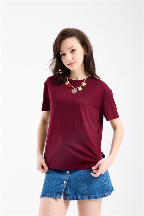 Wholesale Womens Burgundy Basic T-Shirt with Side Slits