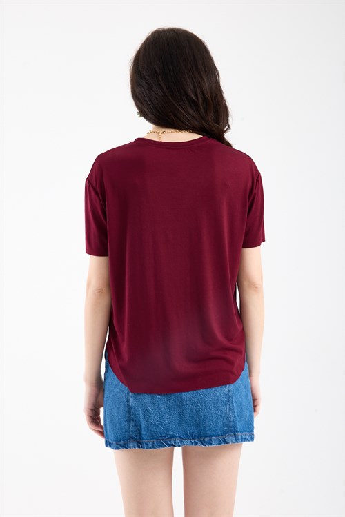 Wholesale Womens Burgundy Basic T-Shirt with Side Slits