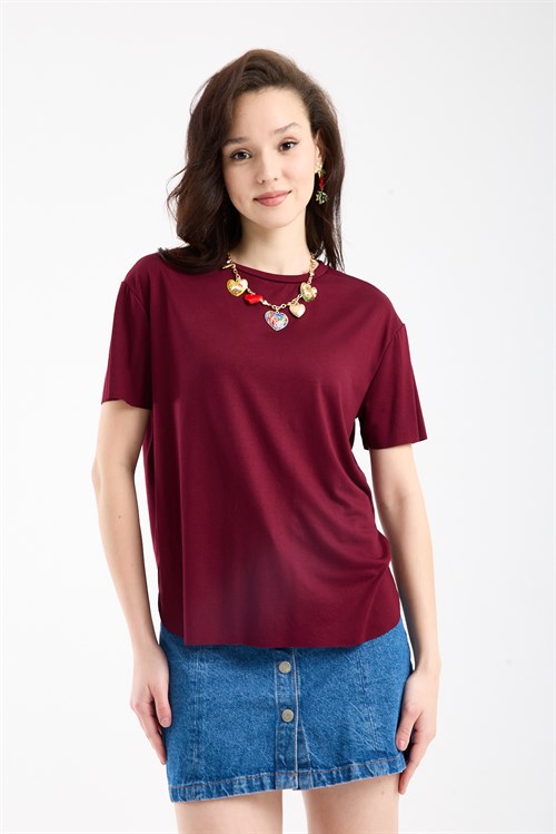 Wholesale Womens Burgundy Basic T-Shirt with Side Slits