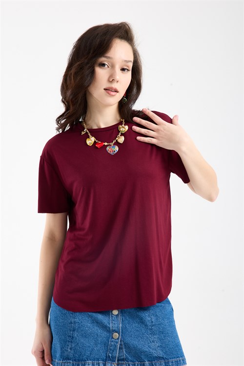 Wholesale Womens Burgundy Basic T-Shirt with Side Slits