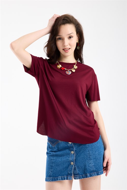 Wholesale Womens Burgundy Basic T-Shirt with Side Slits