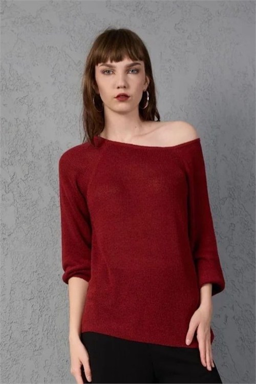 Wholesale Womens Burgundy Boat-Neck Mercerized Knit Sweater with Raglan Sleeves