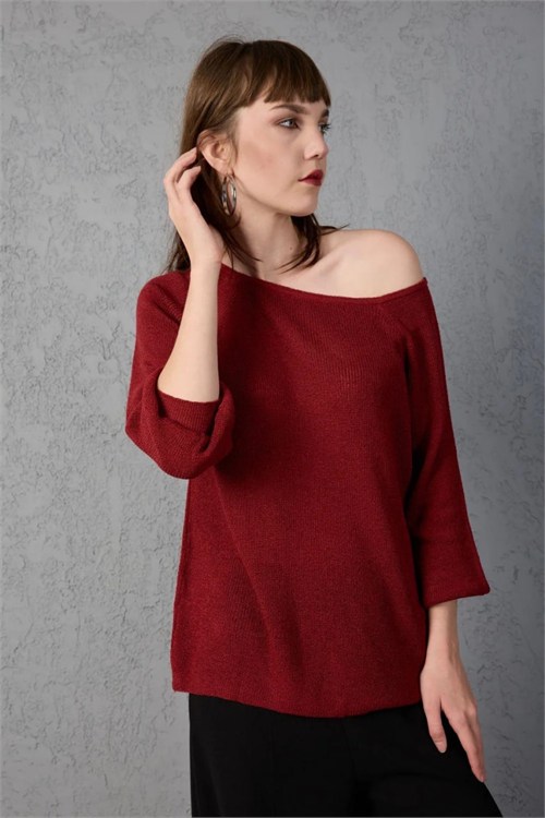 Wholesale Womens Burgundy Boat-Neck Mercerized Knit Sweater with Raglan Sleeves