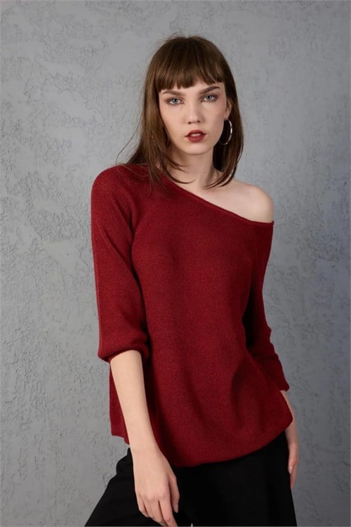 Wholesale Womens Burgundy Boat-Neck Mercerized Knit Sweater with Raglan Sleeves