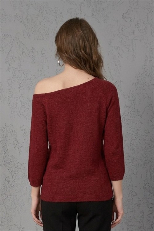 Wholesale Womens Burgundy Boat-Neck Mercerized Knit Sweater with Raglan Sleeves