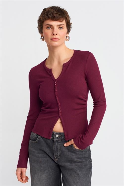 Wholesale Womens Burgundy Button Detailed Gathered Top