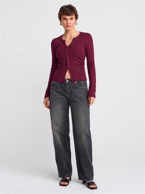 Wholesale Womens Burgundy Button Detailed Gathered Top