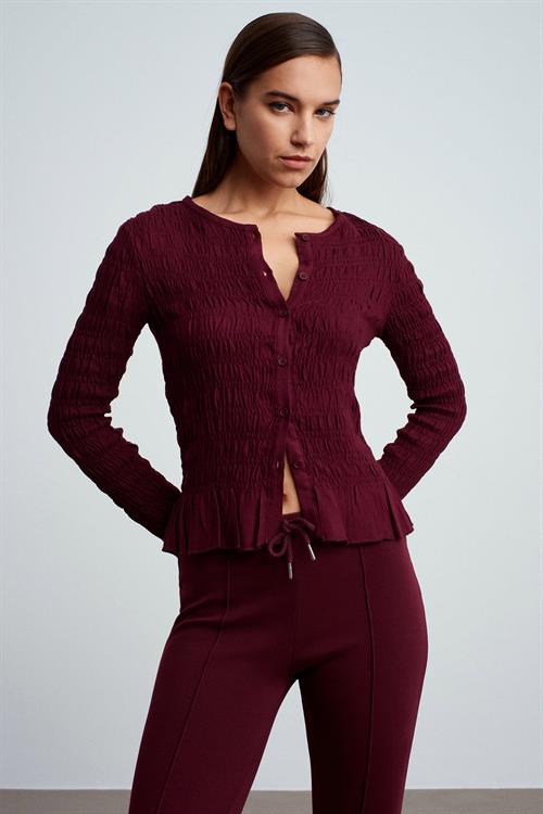 Wholesale Womens Burgundy Buttoned Shirred Knit Top