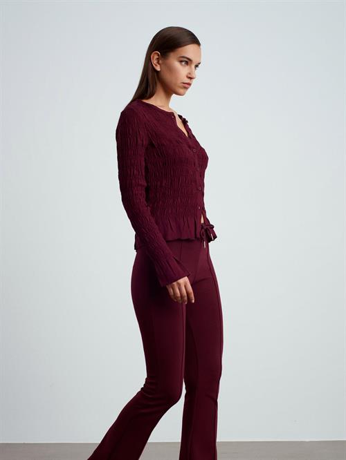 Wholesale Womens Burgundy Buttoned Shirred Knit Top