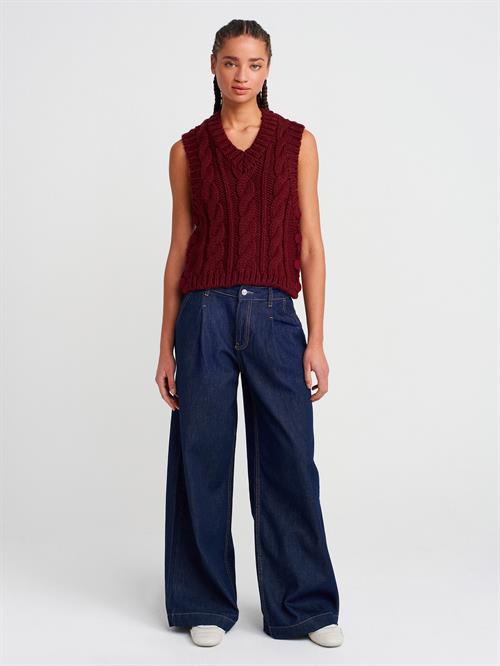 Wholesale Womens Burgundy Cable Knit V-Neck Sleeveless Sweater with Side Buttons