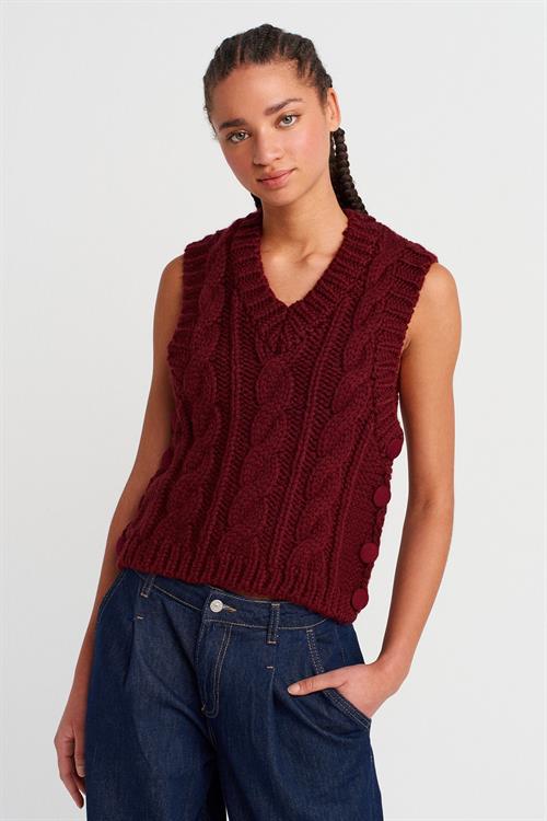 Wholesale Womens Burgundy Cable Knit V-Neck Sleeveless Sweater with Side Buttons