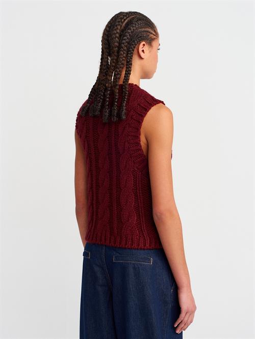 Wholesale Womens Burgundy Cable Knit V-Neck Sleeveless Sweater with Side Buttons