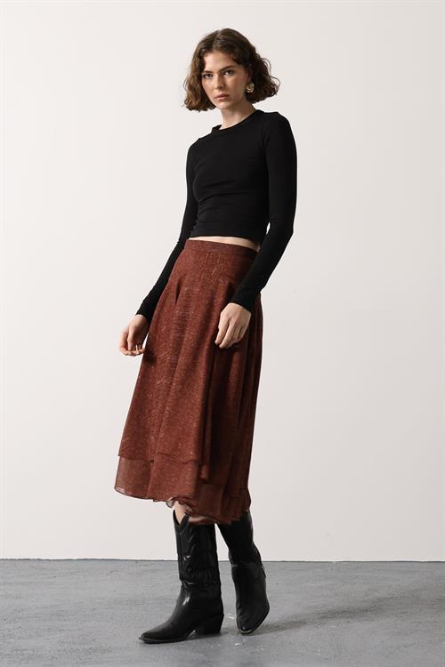 Wholesale Womens Burgundy Chiffon Layered Midi Skirt