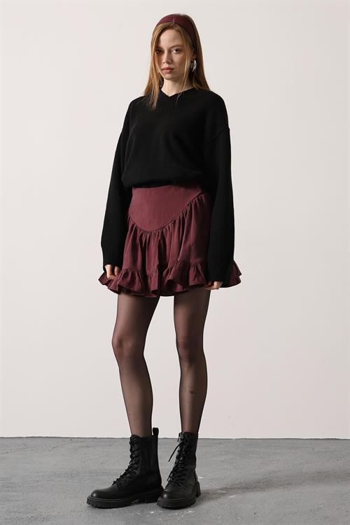 Wholesale Womens Burgundy Corset-Waist Ruffled Mini Skirt