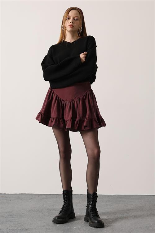 Wholesale Womens Burgundy Corset-Waist Ruffled Mini Skirt