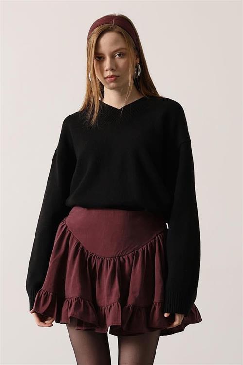 Wholesale Womens Burgundy Corset-Waist Ruffled Mini Skirt